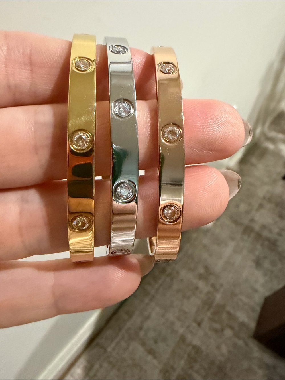 Classic Trio CZ Bangle Set - Gold, Silver & Rose Gold Stainless Steel Bracelet
